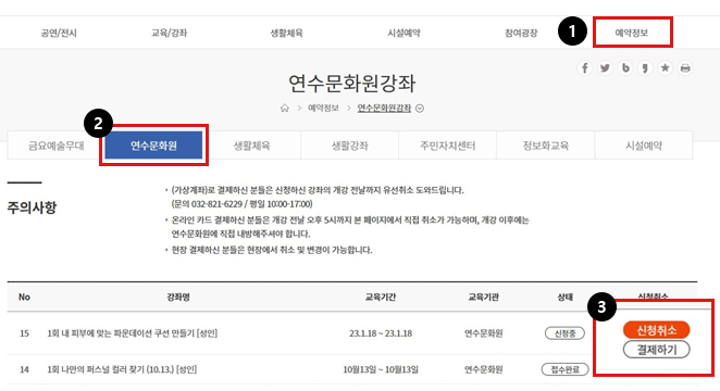연수문화포털 메뉴에서 1.예약정보 → 2.연수문화원 → 3.결제하기 클릭