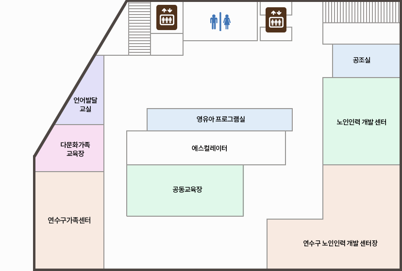 지하2층 청사안내도(왼쪽상단부터 시계방향으로) : 엘리베이터, 화장실, 엘리베이터, 공조실, 노인인력 개발 센터, 연수구 노인인력 개발 센터장, 드림스타트, 연수구 드림스타트, 연수구건강 가정 다문화가족지원센터, 다문화가족교육장, 언어발달교실 / (중앙구역) : 영유아프로그램실, 에스컬레이터, 공동교육장