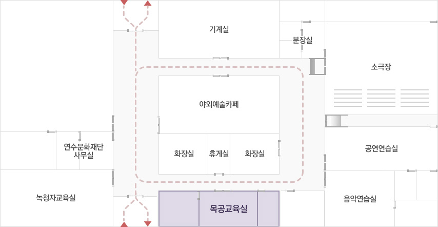 문화의 집 평면도 / 문화의 집 평면도 / 연수문화재단사무실, 녹청자교육실, 기계실, 야외예술카페, 화장실, 휴게실, 화장실, 목공교육실, 분장실, 소극장, 공연연습실, 음악연습실