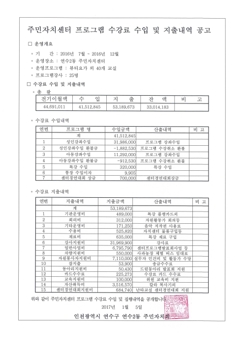 2016년 하반기 연수2동 주민자치센터 프로그램 수강료 수입 및 집행내역 공개의 번째 이미지