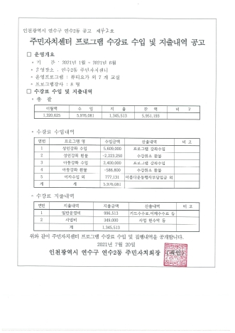 주민자치센터 프로그램 수강료 수입 및 지출내역 공고의 번째 이미지