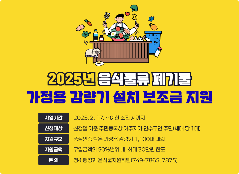 2025년 음식물류 폐기물 가정용 감량기 설치 보조금 지원  ○ 사업기간 : 2025. 2. 17. ~ 예산 소진 시까지 ○ 신청대상 : 신청일 기준 주민등록상 거주지가 연수구인 주민(세대 당 1대) ○ 지원규모 : 품질인증 받은 가정용 감량기 1,100대 내외 ○ 지원금액 : 구입금액의 50%범위 내, 최대 30만원 한도 ○ 문 의 : 청소행정과 음식물자원화팀(749-7865, 7875)